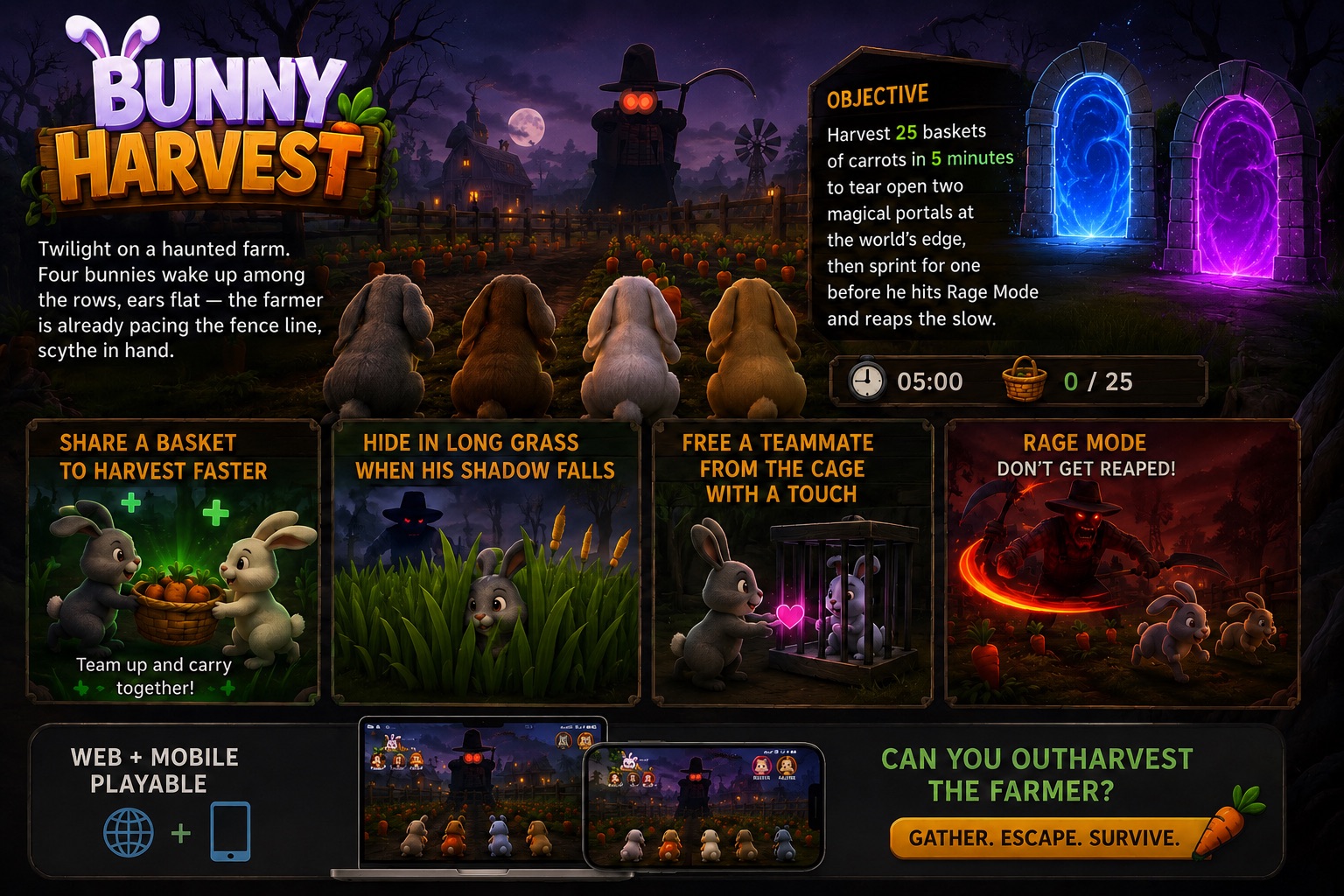 Bunny Harvest — twilight farm with four bunnies, the farmer, and two magical portals